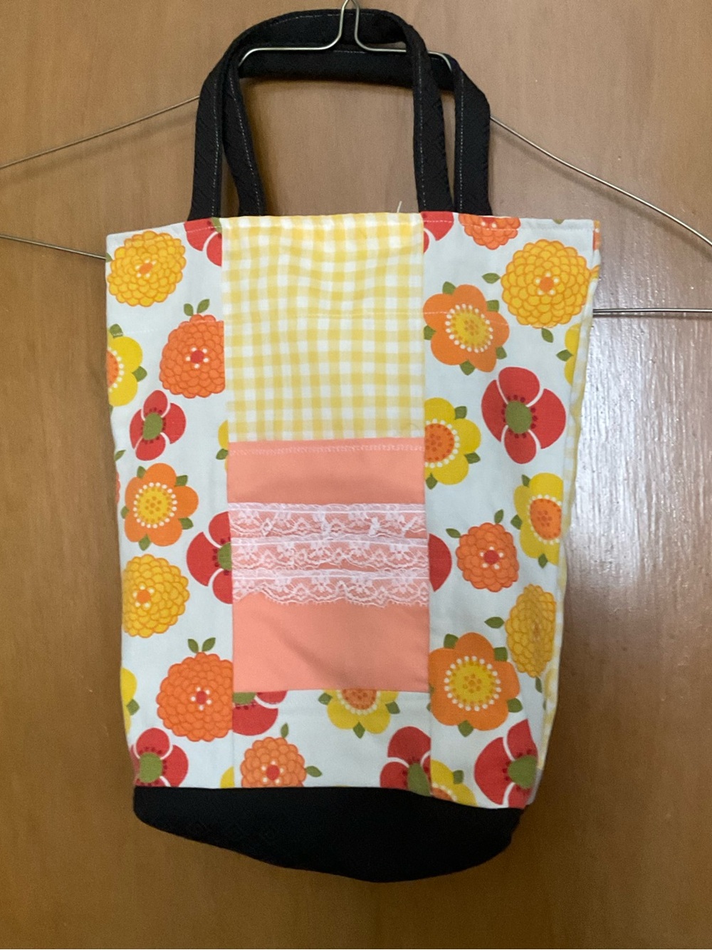 Floral Patchwork Yellow Tote with Peach Pocket and Black Handles